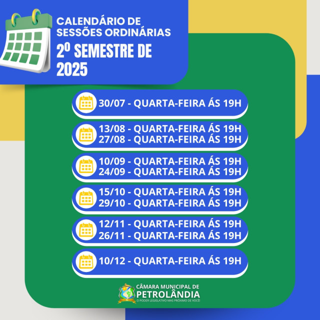 Câmara Municipal divulga calendário oficial das Sessões Ordinárias do 2º semestre de 2025