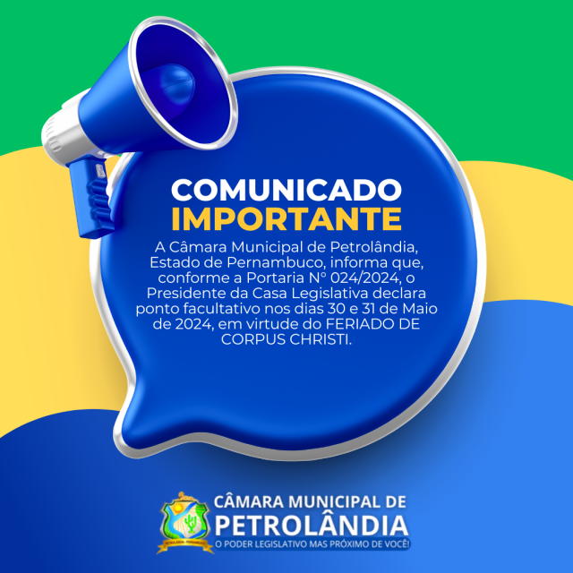 Aviso: Decretado ponto facultativo em virtude do Feriado de Corpus Christi